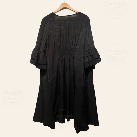 Mystical Avant Garde Black Duster Kimono | Smocked Waist Pockets Ruffle Art Wear - Picture 9 of 9